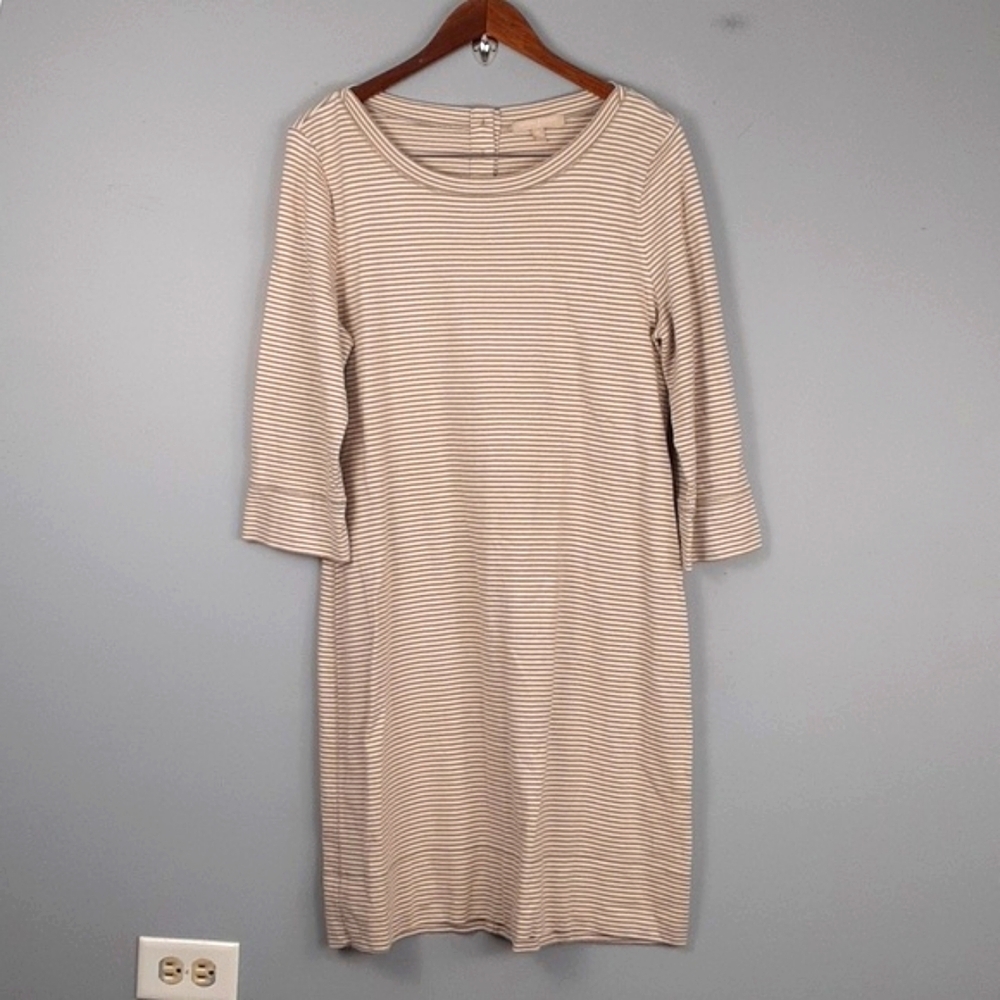 Banana Republic Striped Tan & White Quarter Sleeve Knit Dress